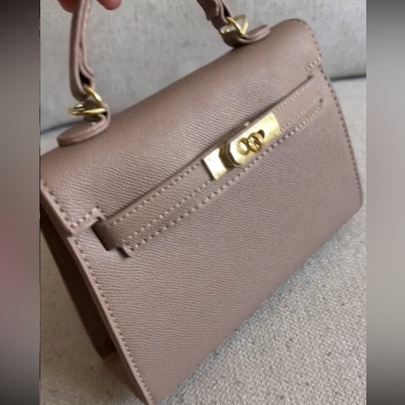 Top handle mini bag in khaki brown with gold hardware and crossbody strap - Picture 2 of 5